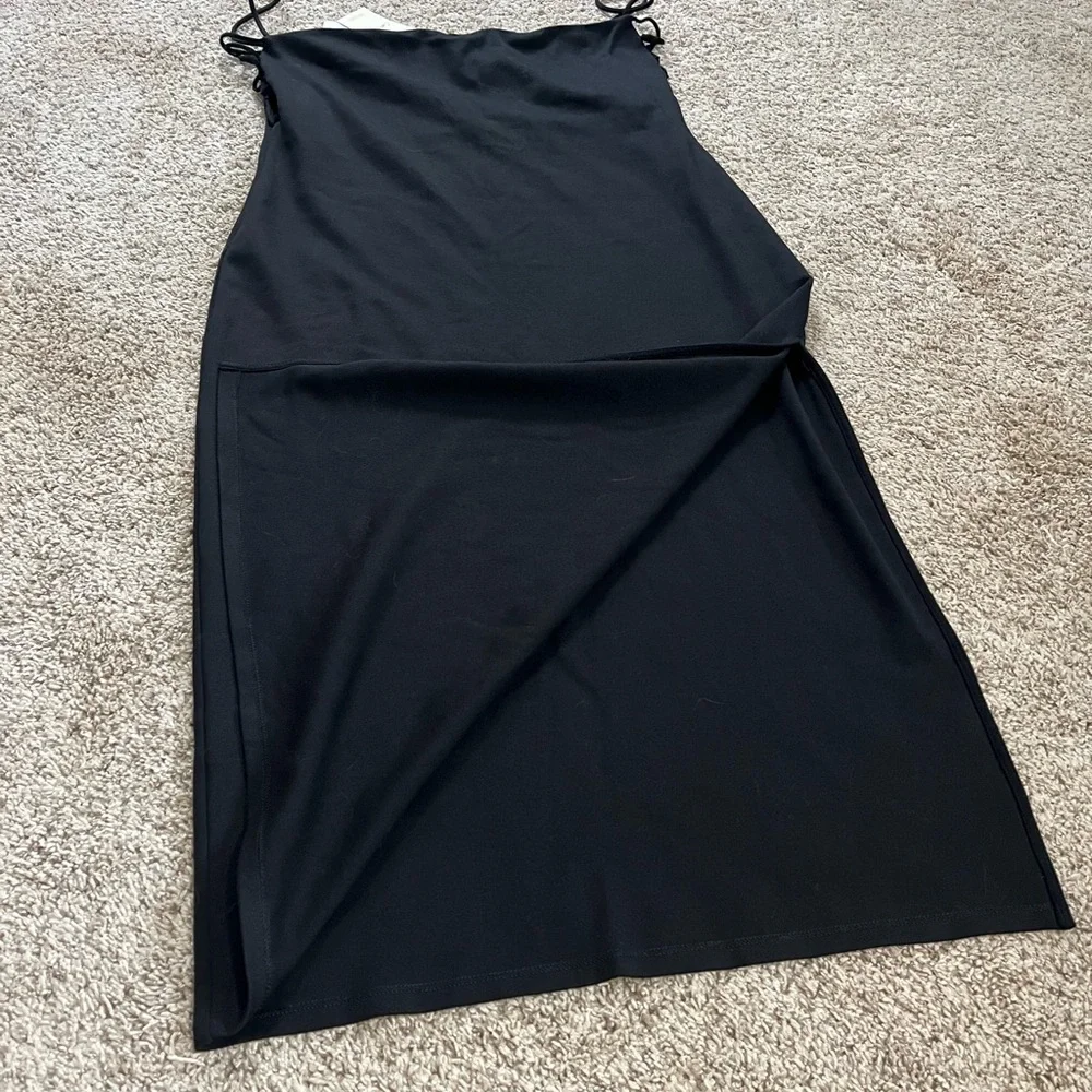 Black Midi Slip Dress with Side Lace-Up Detail - Picture 4 of 7